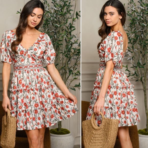 SHORT SLEEVE V-NECK FLORAL MINI DRESS - Picture 1 of 10